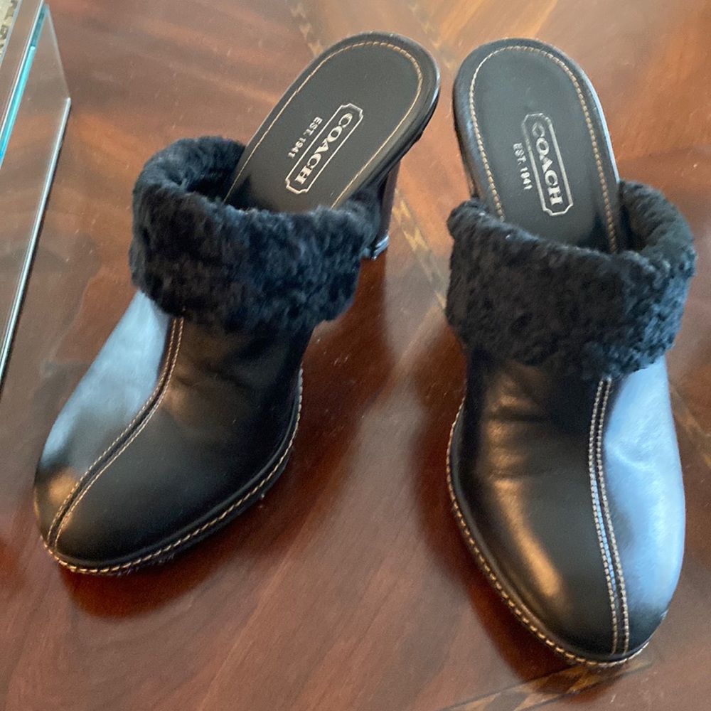 Coach Kacie black shearling fur trim high heel leather.  Size 9 Made in Italy